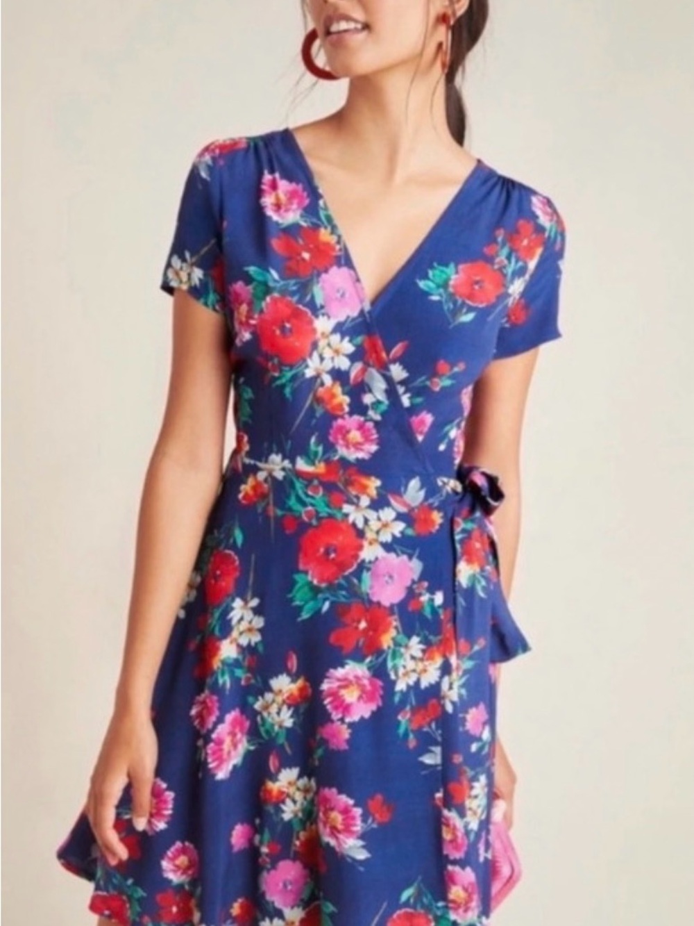 Yumi Kim Navy Floral Wrap Midi Dress with Pink & Red Blooms